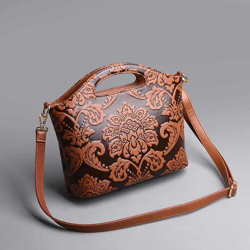 

Роскошная кожаная женская сумка в стиле ретро с цветочным тиснением, текстурированные сумки через плечо, большая вместимость, новый дизайнерский Messenger