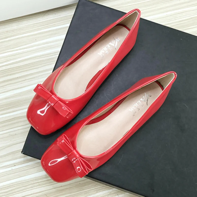 Women Soft Leather Ballet Flats Bow-Knot Sweet Pinkish Red Slip-On Square Toe Shoes Moccasines Null Designer Big Size EU32-48