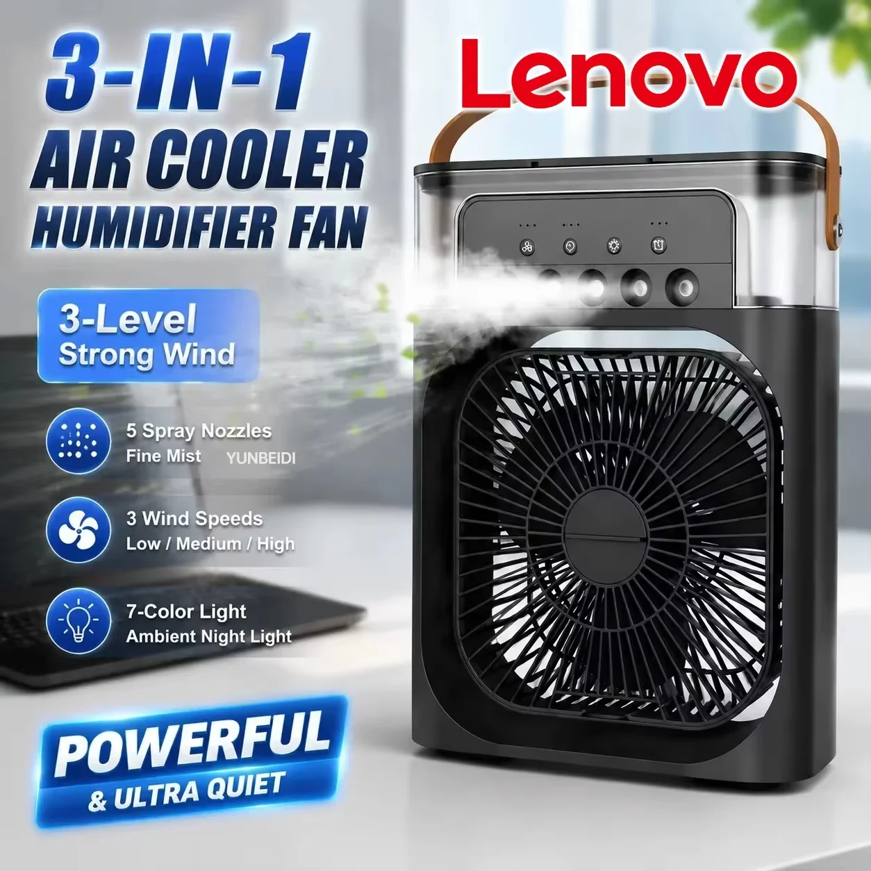 Wentylator 3w1 Lenovo Klimatyzator Domowy Mini Chłodnica Powietrza Lampka Nocna LED Przenośny Nawilżacz Powietrza Wentylator z Regulacją Prędkości Wentylator Biurowy Domowy