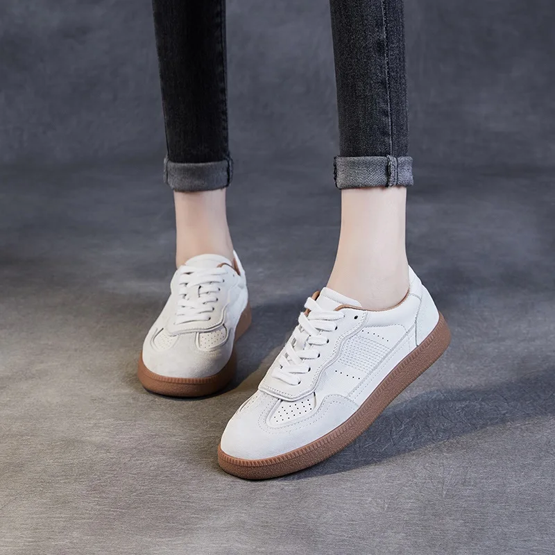 DRKANOL 2024 Concise Casual Sneakers Board Shoes Women Spring Summer Solid Color Genuine Leather Lace-Up Casual Flat Shoes Beige