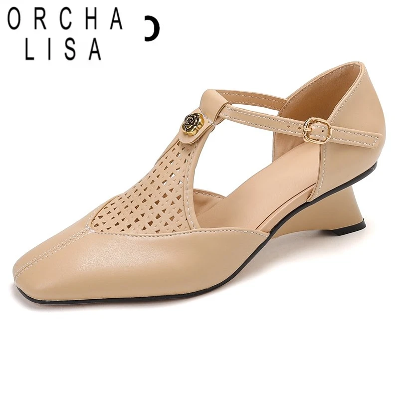 

ORCHA LISA Design Женские сандалии с квадратным носком, необычные каблуки, пряжка 5 см, Т-образный ремешок, дышащий металлический декор, модная обувь большого размера 42 43