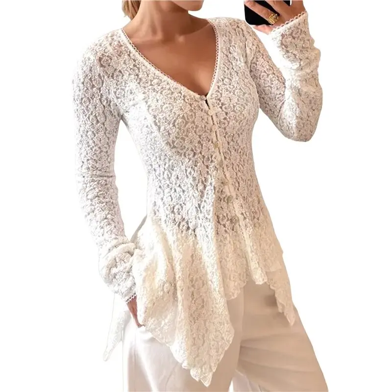 Lace Cardigan For Women Floral Mesh Sheer Bell Long Sleeve Tops Dusters White M view 4