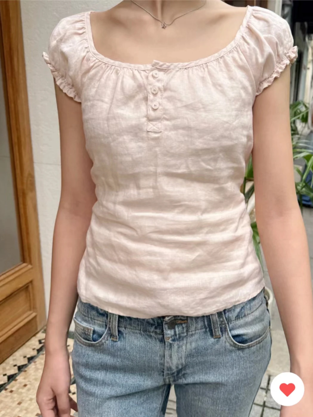 Puff Sleeve Pink Sweet Summer T-shirts Cotton Linen 2024 New 3 Button Chic Casual Puff Sleeve Tees Solid Waist Tie Slim Y2K Top