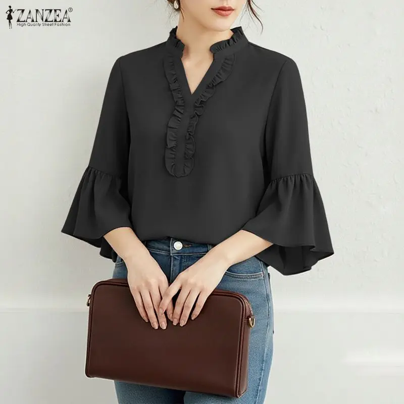 

2026 ZANZEA Women Summer V Neck 3/4 Flare Sleeve Blouse Fashion Shirt Elegant Casual Solid Flounce Work Tops Tunic Blusas Femme