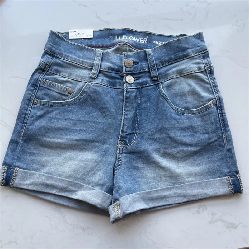 

7862 Women's Summer Soft Everything with Cuffed Leg Light Blue Short Jeans Two Button Hot Shorts