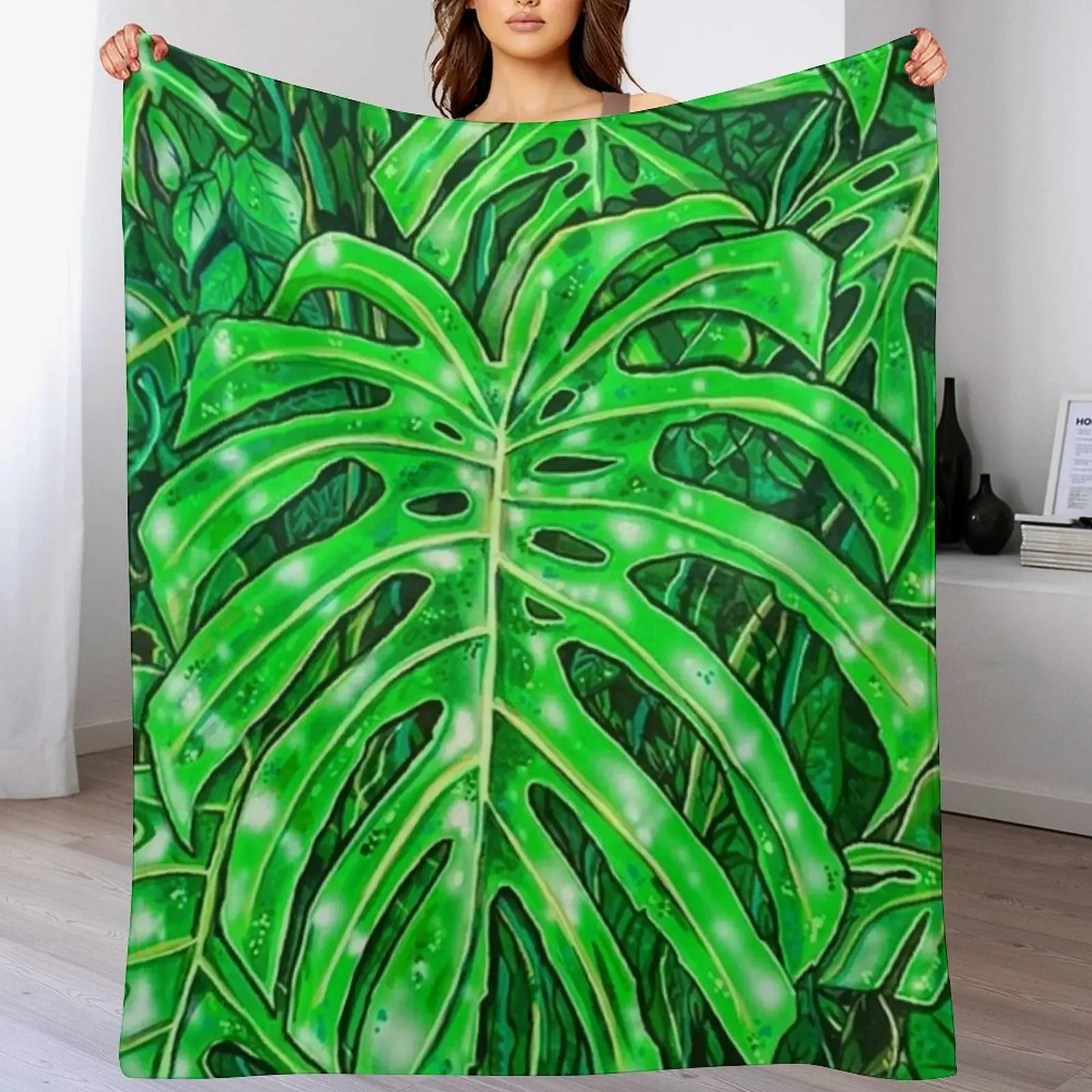 

super green tropical leaves art print Throw Blanket Warm Picnic Shaggy for winter Blankets