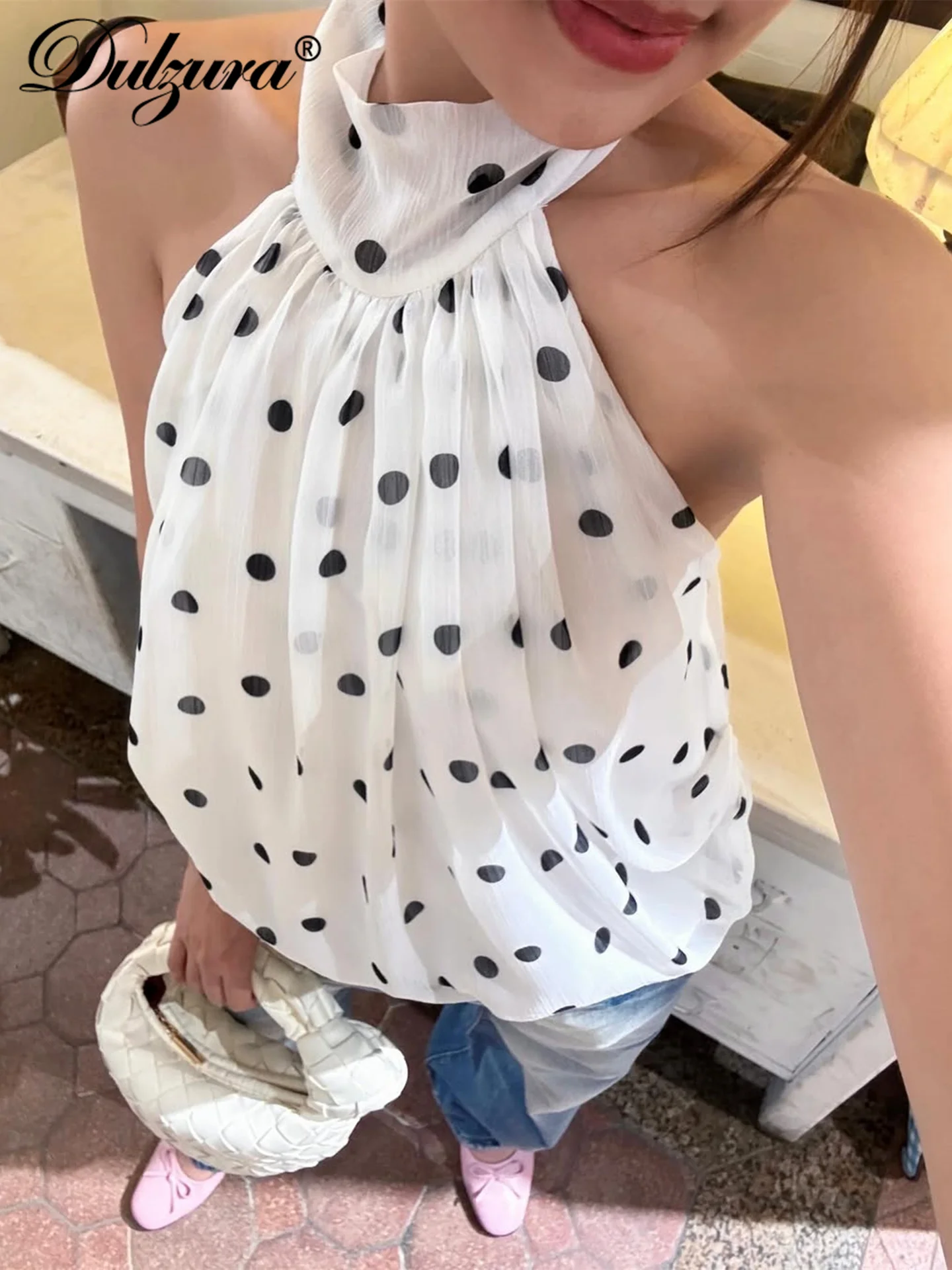 Dulzura Halter Sleeveless Backless Slim Lace Up Polka Dot Print Chiffon Top Sexy Elegant Casual Y2K Top Party Club Summer Outfit