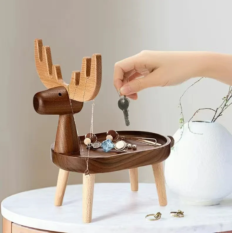 

Creative Wooden Deer Head Jewelry Stand Key Holder Entrance Decorative Ornament Real Wood Storage Rack for Earrings
