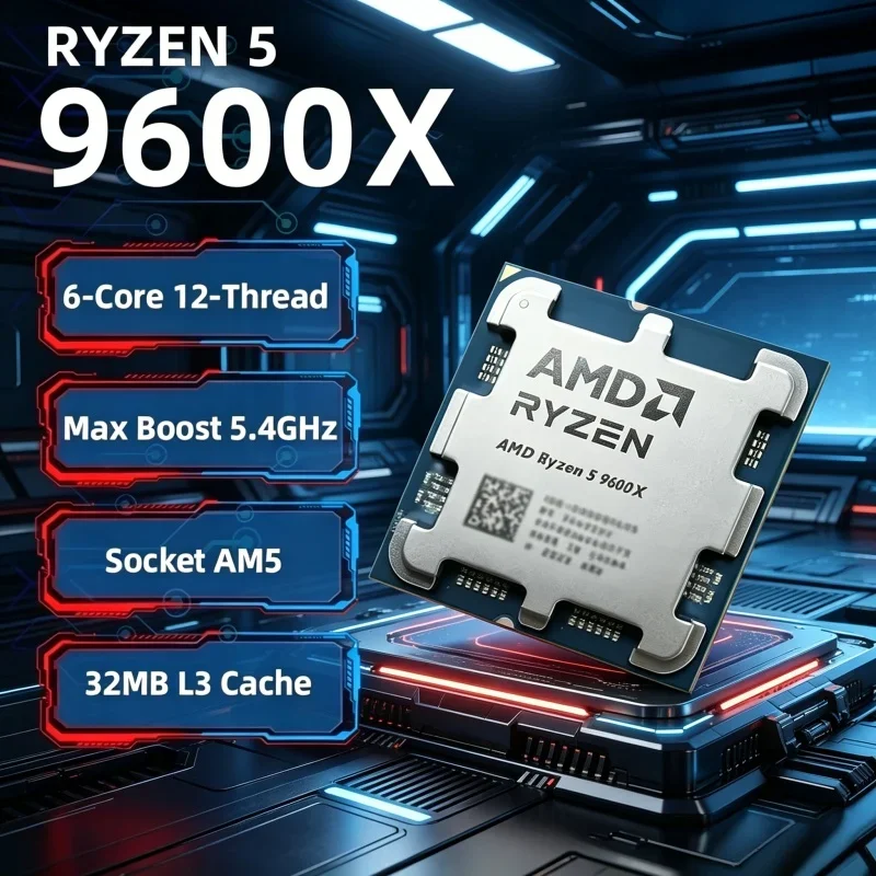 

Loose Desktop Processor AMD Ryzen 5 9600X 6 Cores 12 Threads Max Boost 5.4GHz 32MB L3 Cache AM5 Fits B850 X870 Mainboard Series