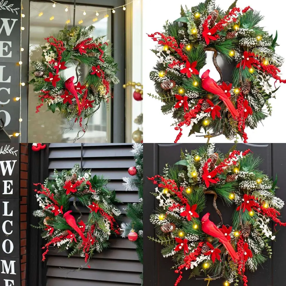 

24 Pre-Lit Christmas Wreath with Pine Needles & Berries for Outdoor/Indoor Holiday Decor