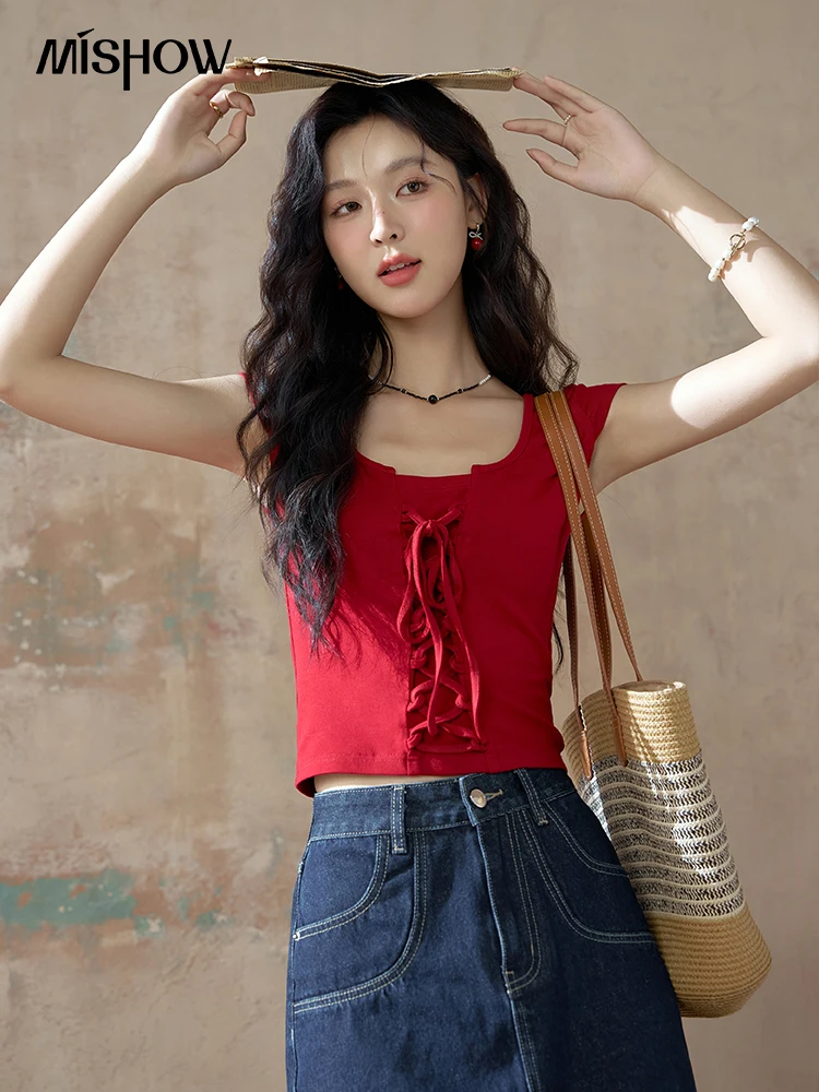 

MISHOW Round Neck Short Sleeve T-shirt for Women Summer 2024 Cross Strap Casual Top Female Streetwear Slim Solid Tees MXD24T0319