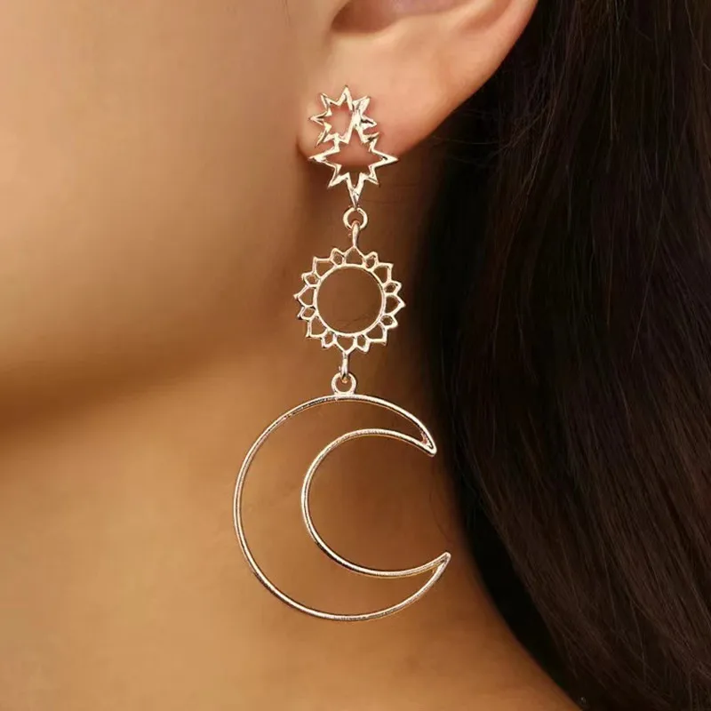 New popular retro exaggerated asymmetrical Sun moon earrings Sun God Moon god earrings