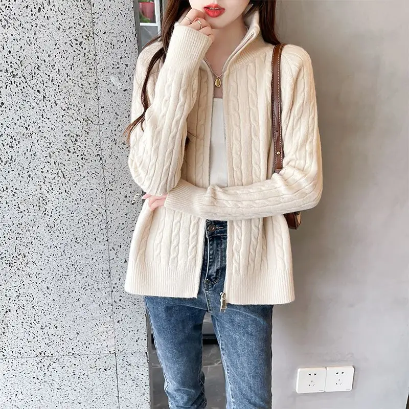 

Knitted Cardigan for Women's Spring and Autumn Zipper Stand Collar New Korean Style Fashionable Zipper Sweater Jacket