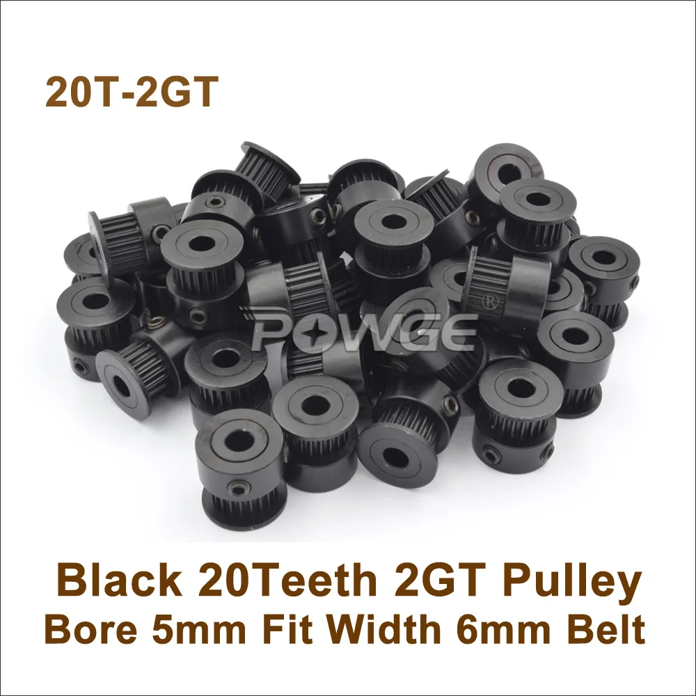 POWGE Black Red Sliver Anodizing 20 Teeth 2GT Synchronous Pulley Bore 5mm Fit W=6/10mm 20T 20Teeth 2MGT GT2 Timing Belt Pulley
