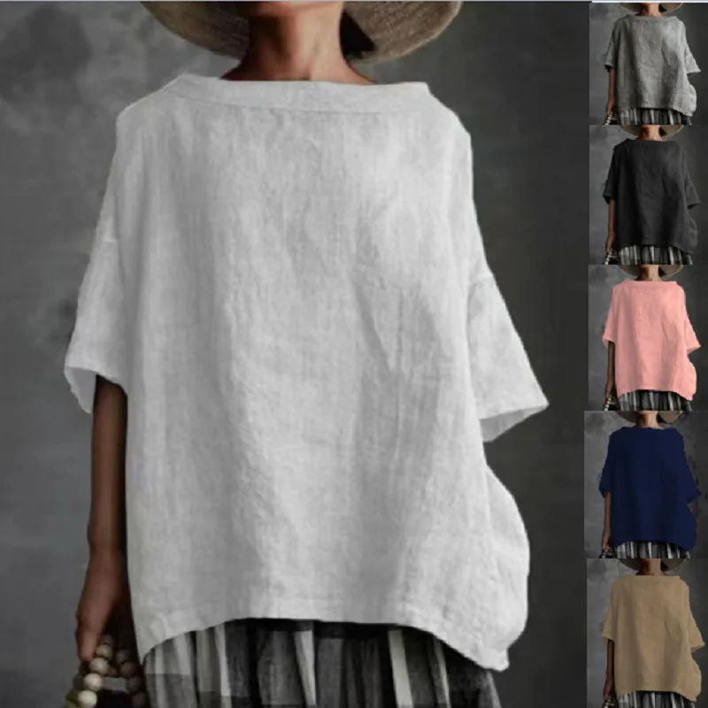 Cotton and Linen T-shirt for Women, Round Neck, Loose Top, Woven, European and American, Summer, New