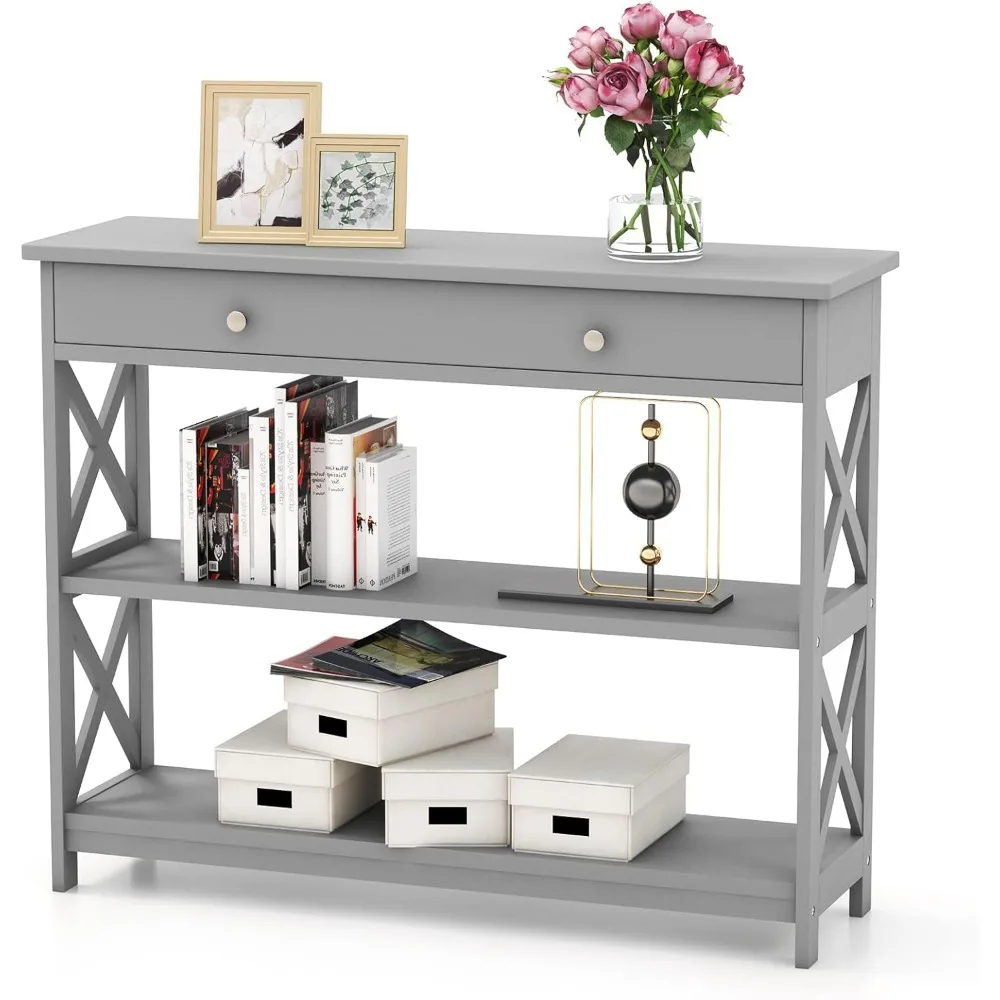 

Long Narrow Console Table with Large Drawer Open Storage Shelves, Wooden Entry Table