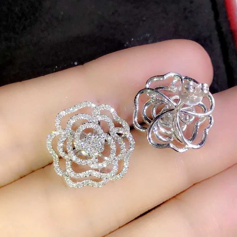 Huitan Aesthetic Hollow Flower Stud Earrings New for Women Full Paved Bling Bling CZ Temperament Female Earrings Party Jewelry