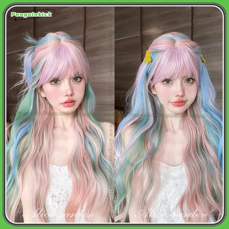 Rainbow Highlights Synthetic Wig Women Girls Lolita Hair Long Curly Body Wave Scalp Hair Cute Pink Bangs Blue Chic Party