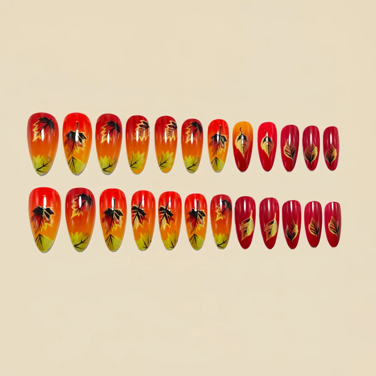 女性・女の子向けの短め・中程度のつけ爪、ゴールド・シルバーの葉っぱ・花柄デザイン、グラデーションオレンジ・グレー、アーモンド・スクエアチップ、プレスオンネイル