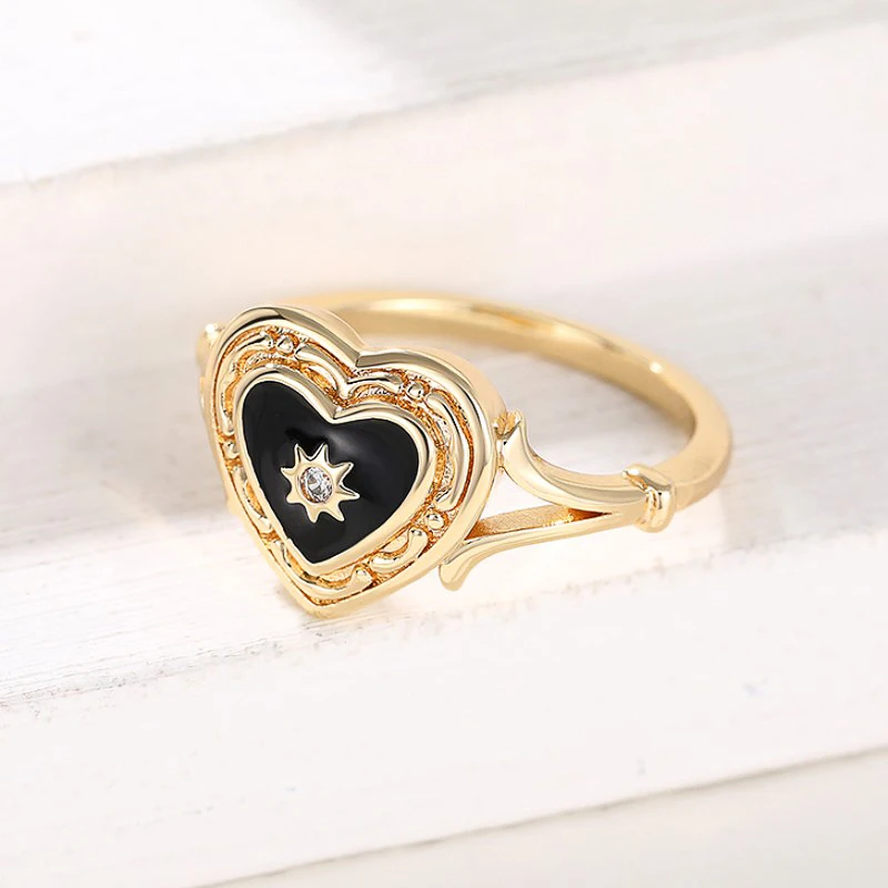 Huitan Retro Black Heart Rings 2