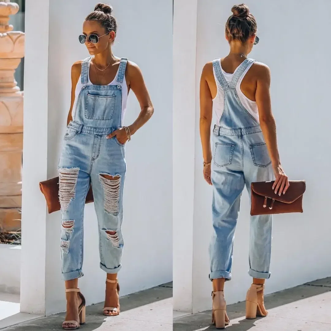 

Women Jeans Long Pant Denim Pants One Piece Suspenders Straight Trousers Splice Hole High Waist Casual Overalls Autumn