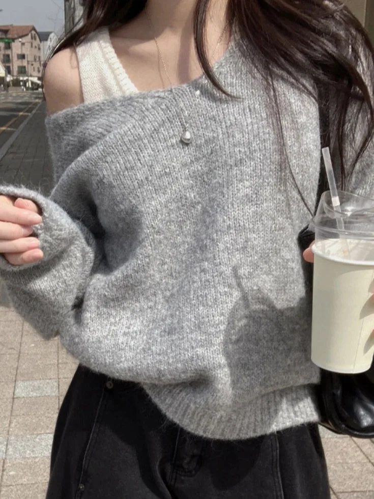 Soft Cozy Shoulder Bared Knitted Sweater Set Women's Loose Fit Autumn Winter Fashionable Two Piece Set Comfortable Daily Wear