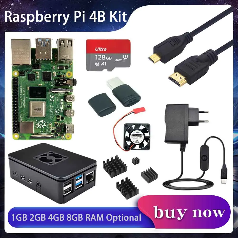 Raspberry Pi 4 Kit 8G 4G 2G 1 GB RAM + Case + Fan + Heat Sinks + Power Adapter Optional 32 64 128GB TF Card for RPI 4