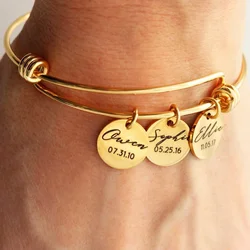 Customized 1-5 Names Round Pendant Bangles Personalized Adjustable Stainless Steel Bracelets Custom Engraved Bangle Name Jewelry