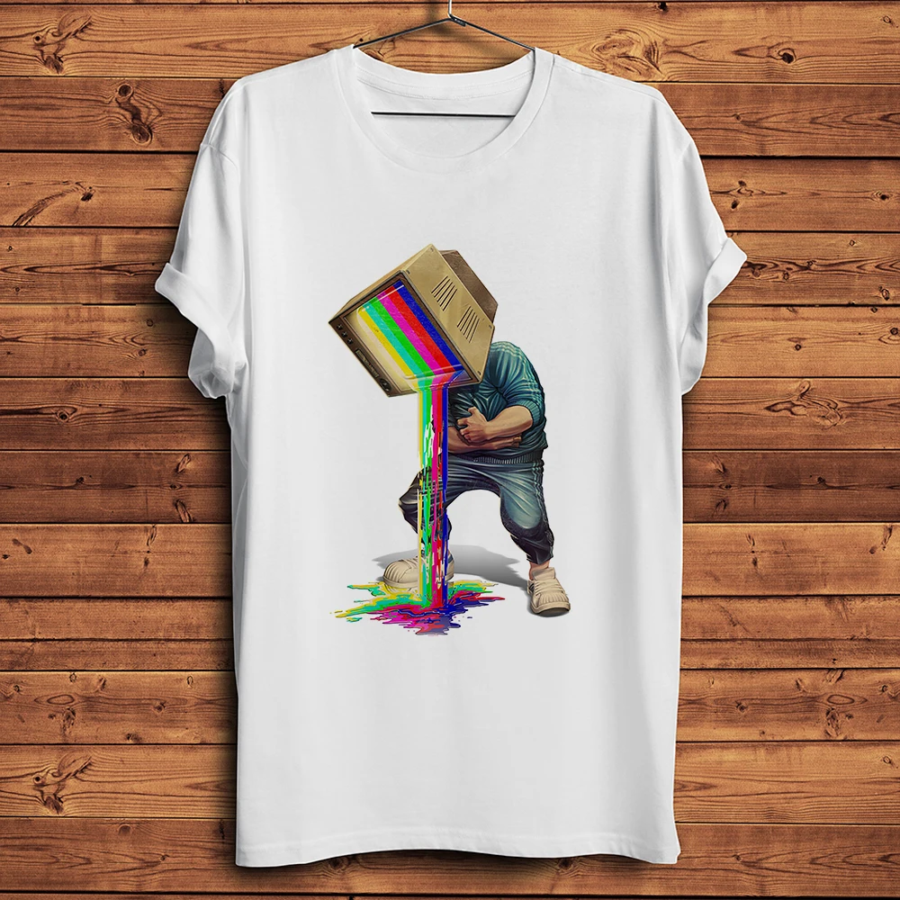Drunken TV Man Vomiting Rainbow Funny Humorous T Shirt,Short Sleeve White Casual Tshirt,unisex Tee,Breathable No-cracking Print