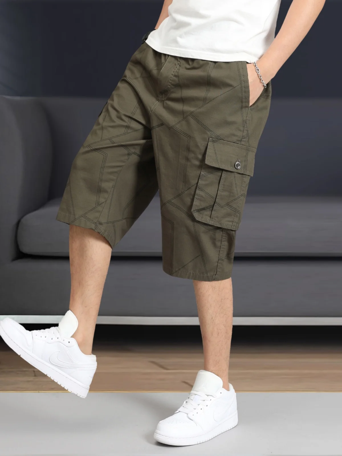 Verão fino casual solto em linha reta militar workwear orts masculino faionable calças de sete pés marca especial s multi-ket