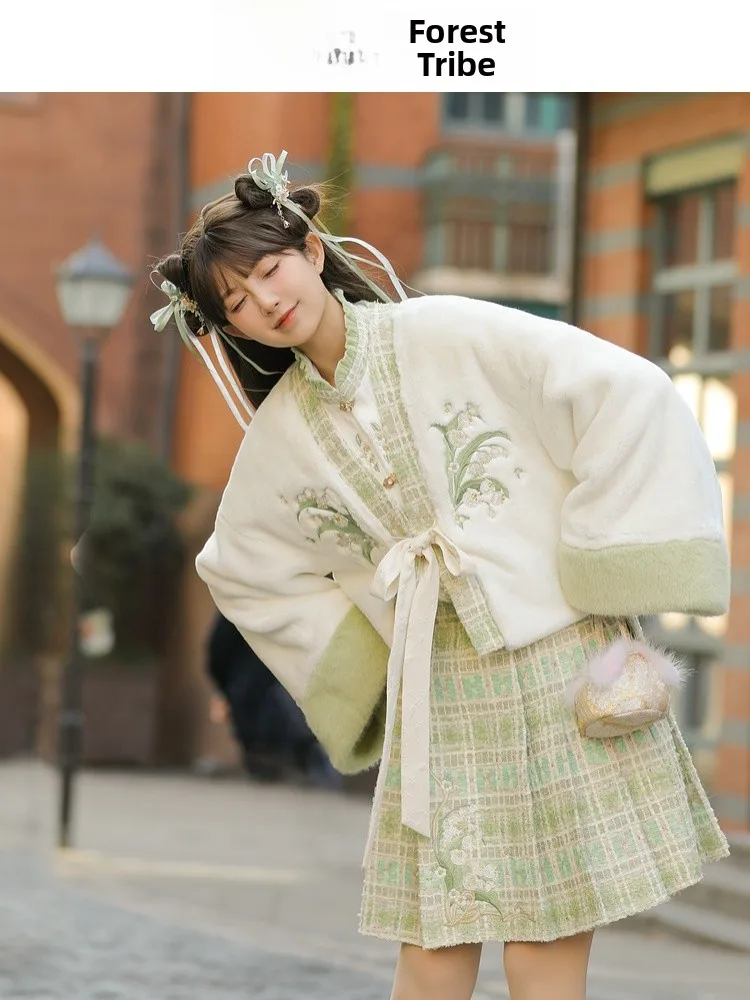 

Неводная юбка трапециевидной формы, комплект футболок, женская повседневная одежда, милые элементы ханьфу, высокая талия, на пуговицах, зимняя теплая одежда