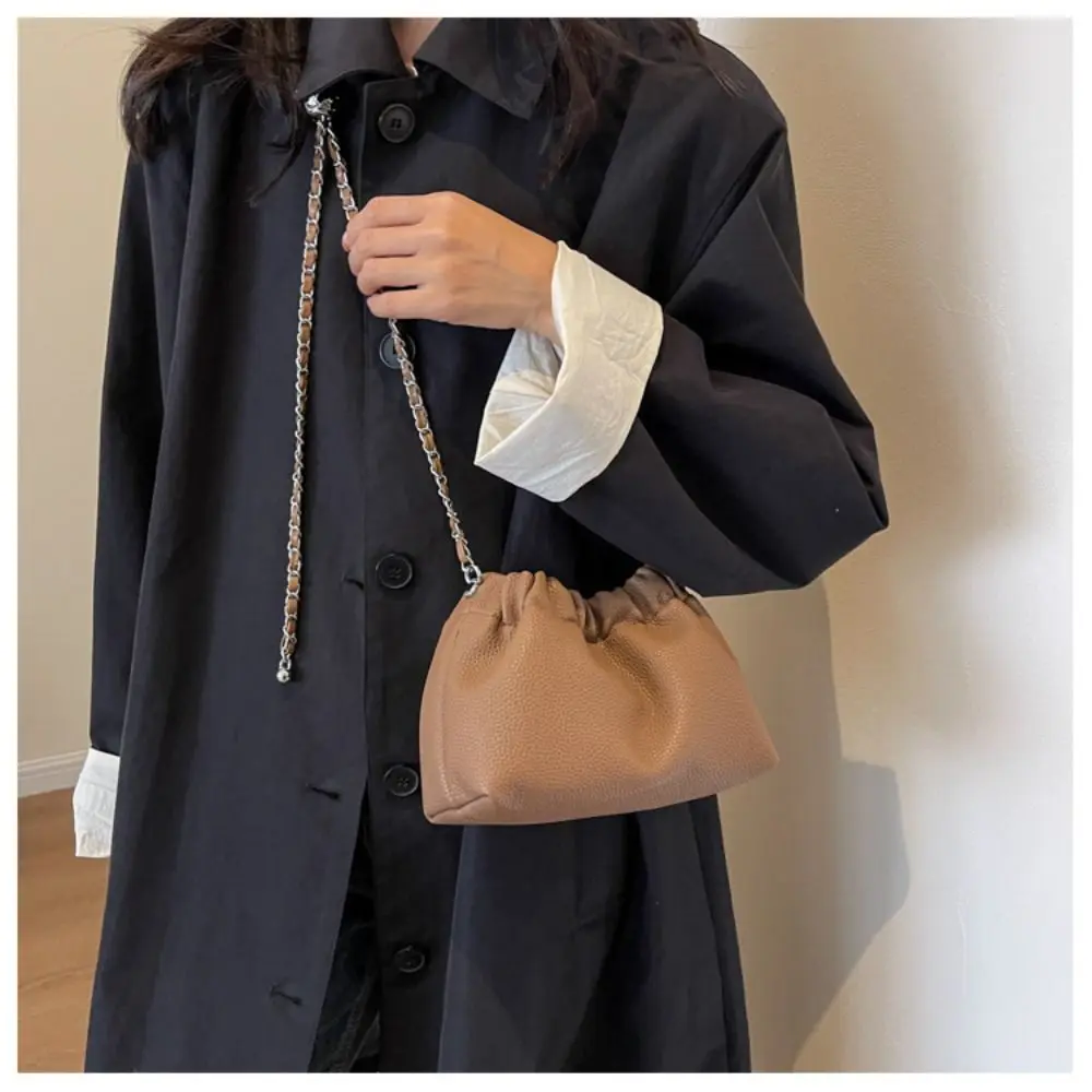 PU Shoulder Bags Fashion Chain Circle Handheld Crossbody Bag Exquisite Drawstring Bucket Bag  for Women with Chain Strap