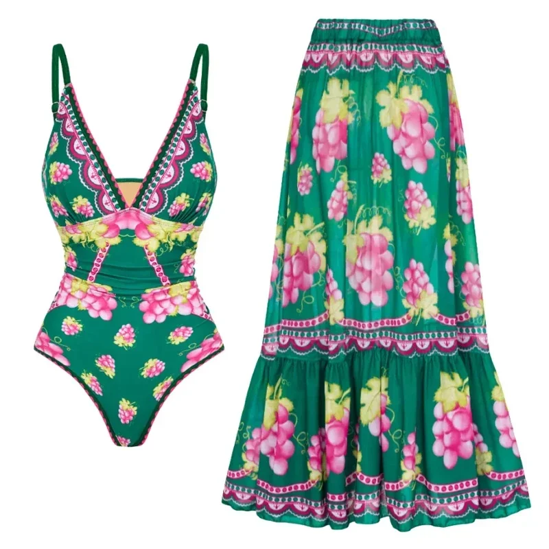 

2024 New Women Swimsuit Set Deep V Retro Green Grapes Print Swimwear Beachwear Bathing Suit Bikini Monokini Bodysuit two piece