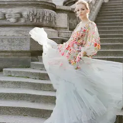 Vestido De novia colorido romántico con cuello en V, manga larga, tul, 3D, apliques De flores, 2023