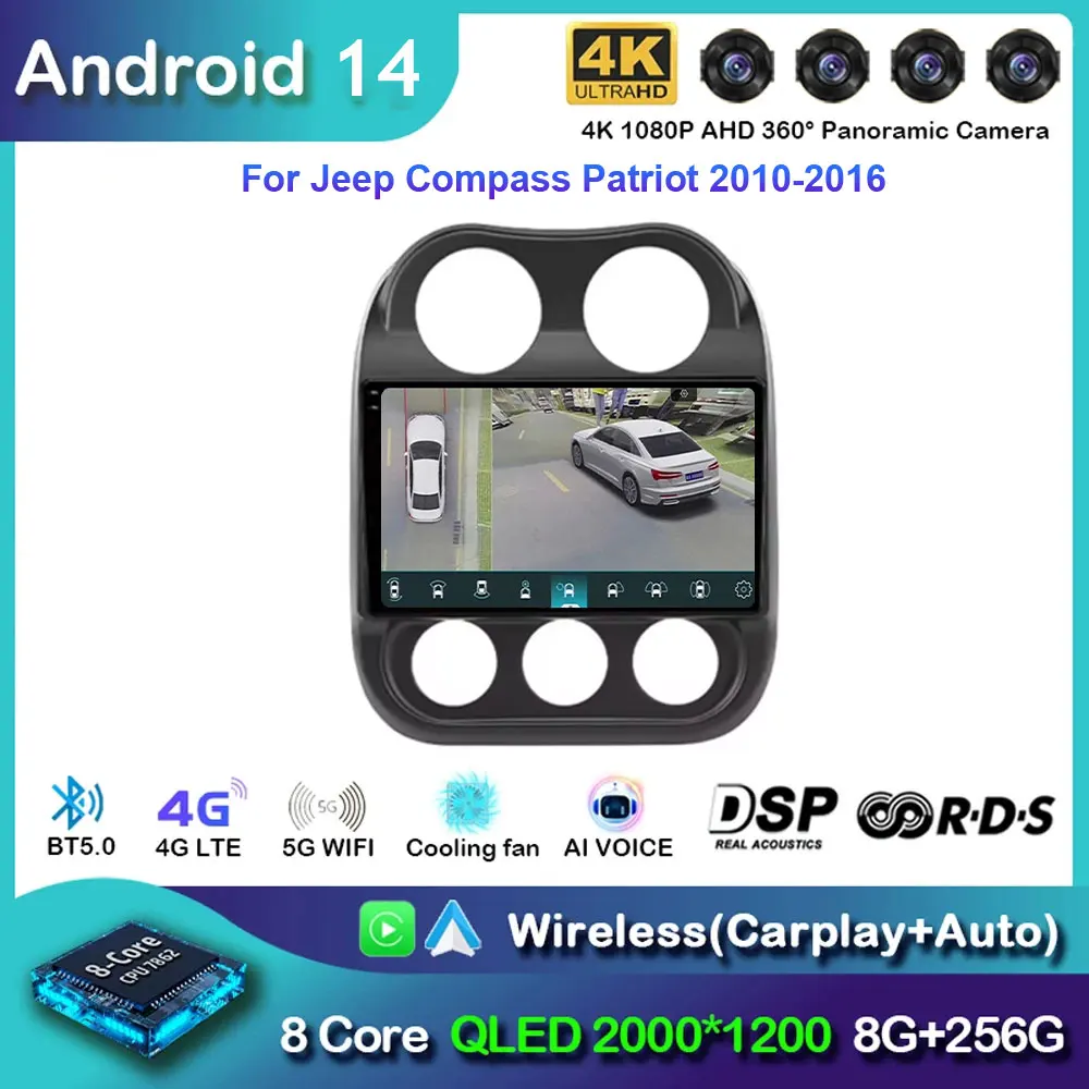 Android 14 Car Radio For Jeep Compass Patriot 2010-2016 Multimedia Player Autoradio Stereo Player GPS Navigation Carplay DSP