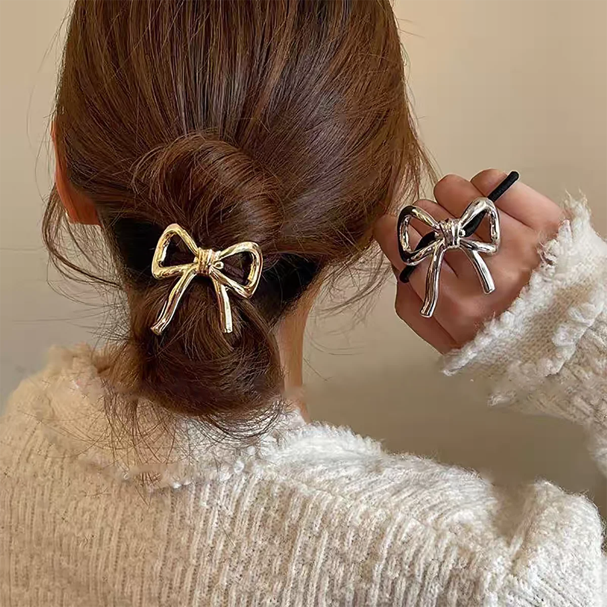 Alloy Bow Hair Tie Rubber Bands Silver Ponytail Hair Ropes For Women Elegant Korean Scrunchies Hair Gum Hair Accessories