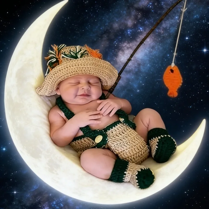 Soft Cotton Baby Photo Props Handmade Crochet Set Fishing Theme Outfit Adjustable Hat Pants Booties Infant Photography Costume
