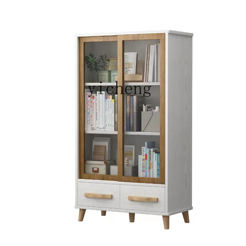 

Tqh Bookcase Glass Door Solid Wood Sliding Door Locker Living Room Storage Cabinet Bookshelf Dustproof