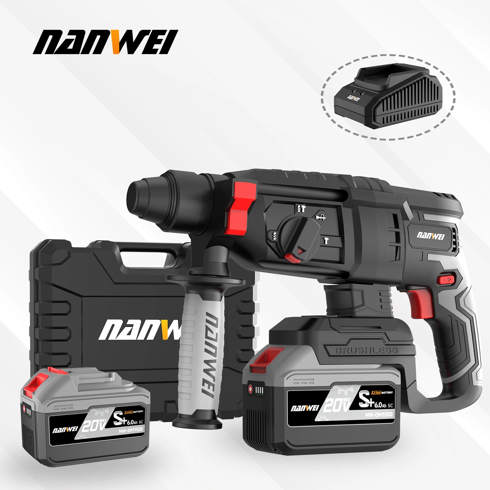 NANWEI 20V Hammer Drill Large Capacity Lithium Battery Concrete
