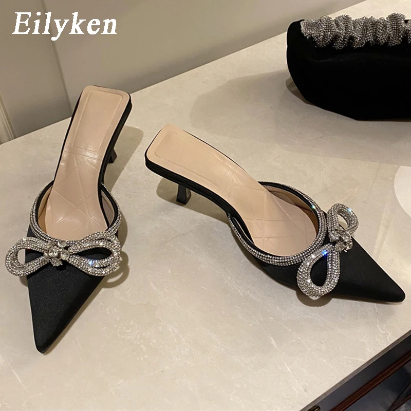 Eilyken Fashion Butterfly-knot Women Slippers Thin Low Heels Pointed Toe Design Slip On Summer Mules Slides Shoes