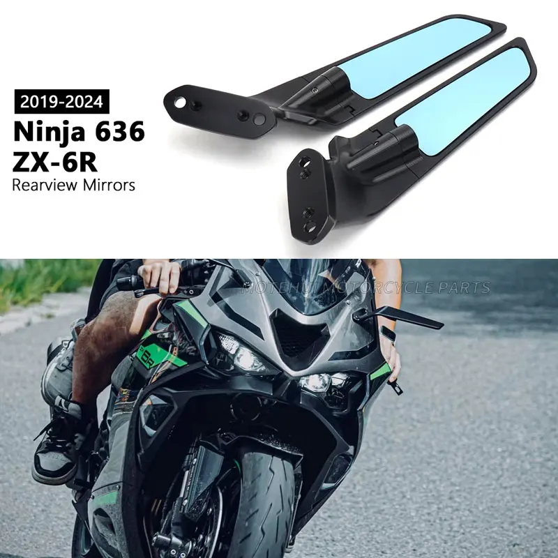 

For Kawasaki NINJA 636 ZX-6R ZX 6R ZX6R 2019-2024 2023 Motorcycle Mirror Blue Anti-glare Wind Wing Rotating Rearview Mirror Kit