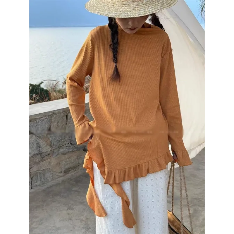 Spring 2025 Forest Style Sweet Irregular Fungus Lace Collar Loose Top Bottoming Shirt T-shirt Top for Women