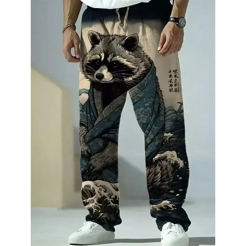 Japanese Harajuku style wide-leg pants fox raccoon print linen men\'s casual pants summer pants street handsome men\'s wide-leg pa