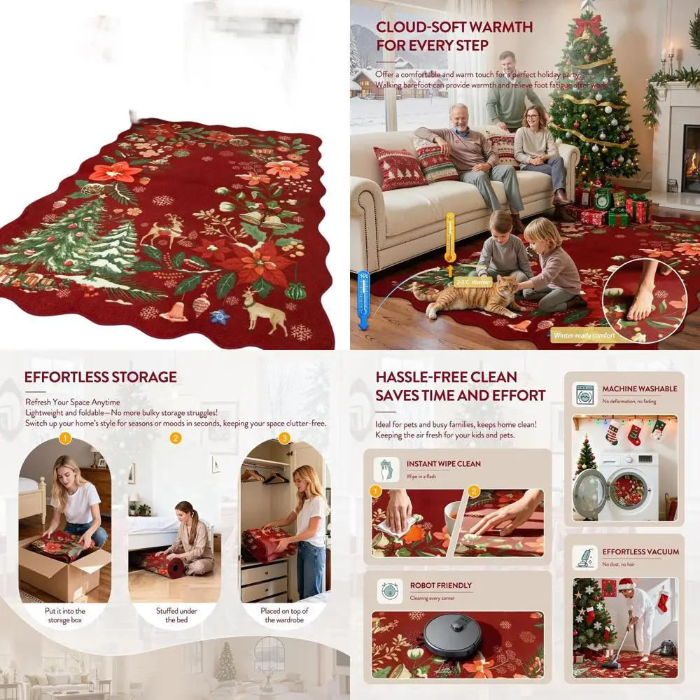 

Красные моющиеся рождественские коврики 5x7, мягкие и устойчивые к пятнам для гостиной и столовой