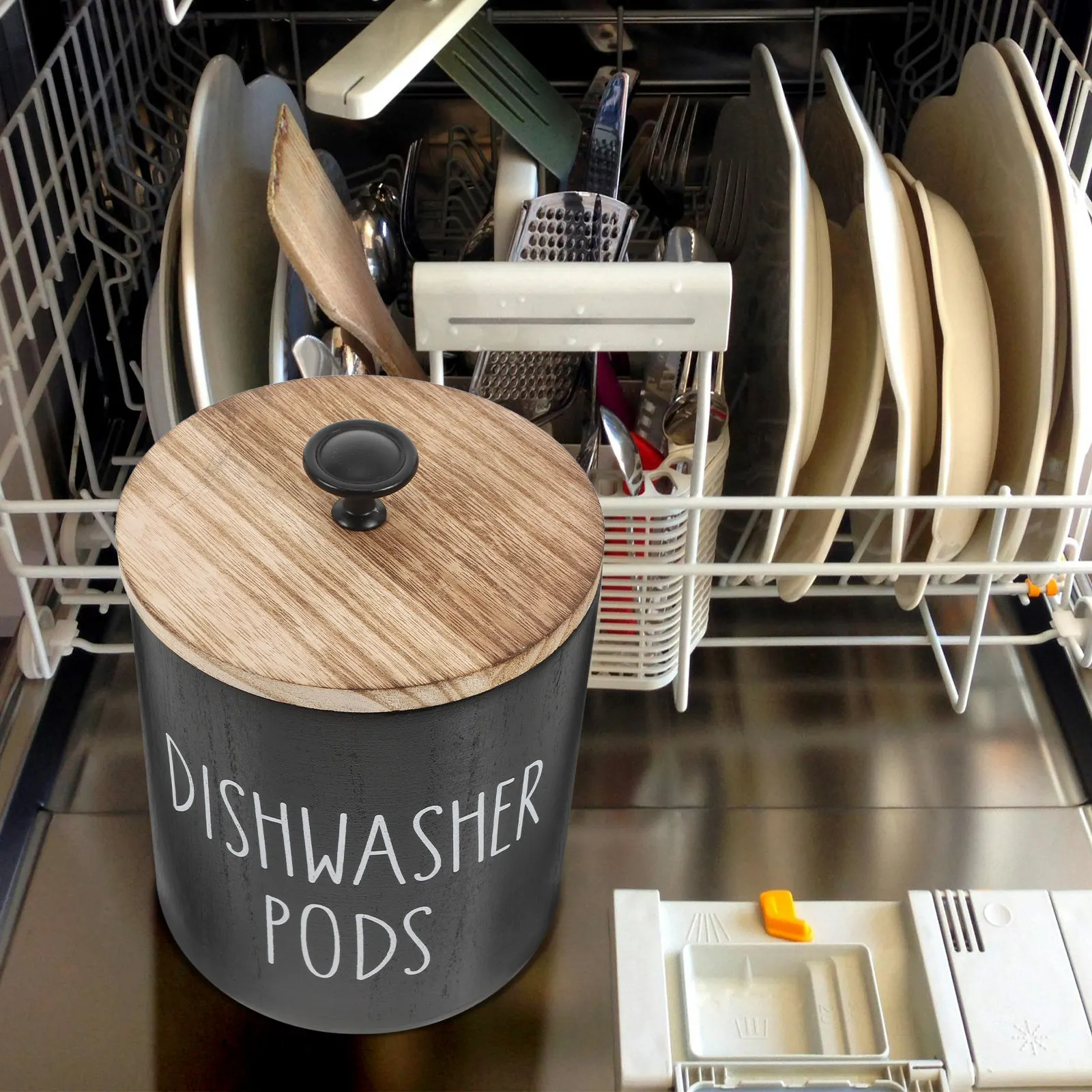 Black Finish Round Wooden Dishwasher Pod Holder Airtight Lid Dishwasher Tablet Storage Container Laundry Pod Storage Jar Kitchen