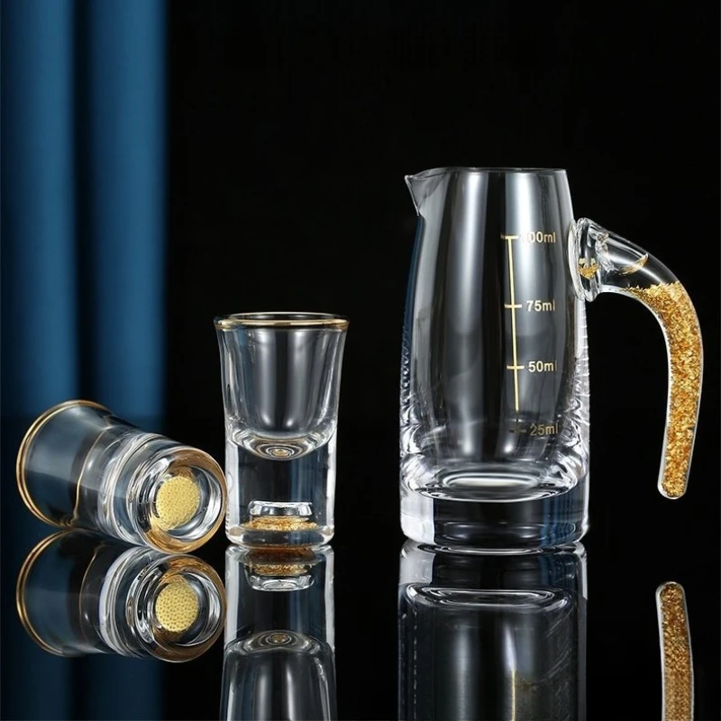 Gold Foil Baijiu Glass Set, Premium Crystal Shot Glasses with Measuring Decanter, Chinese Liquor Tasting Cups Drinkware Kit