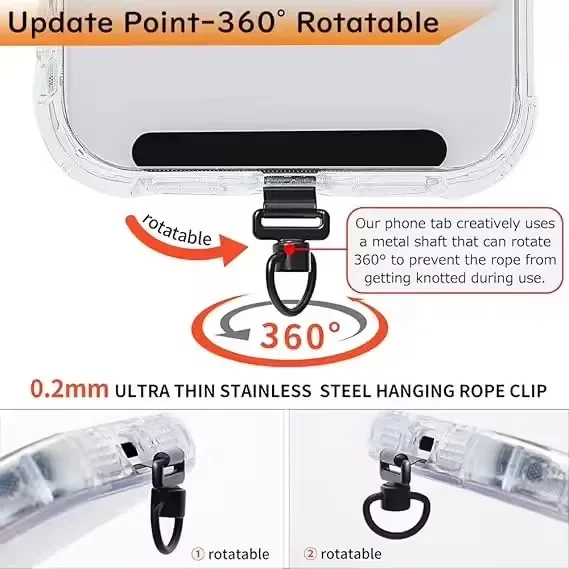 Clip de cordón para teléfono giratorio 360 de acero inoxidable, adaptador conector universal antiextravío para correa de teléfono 3