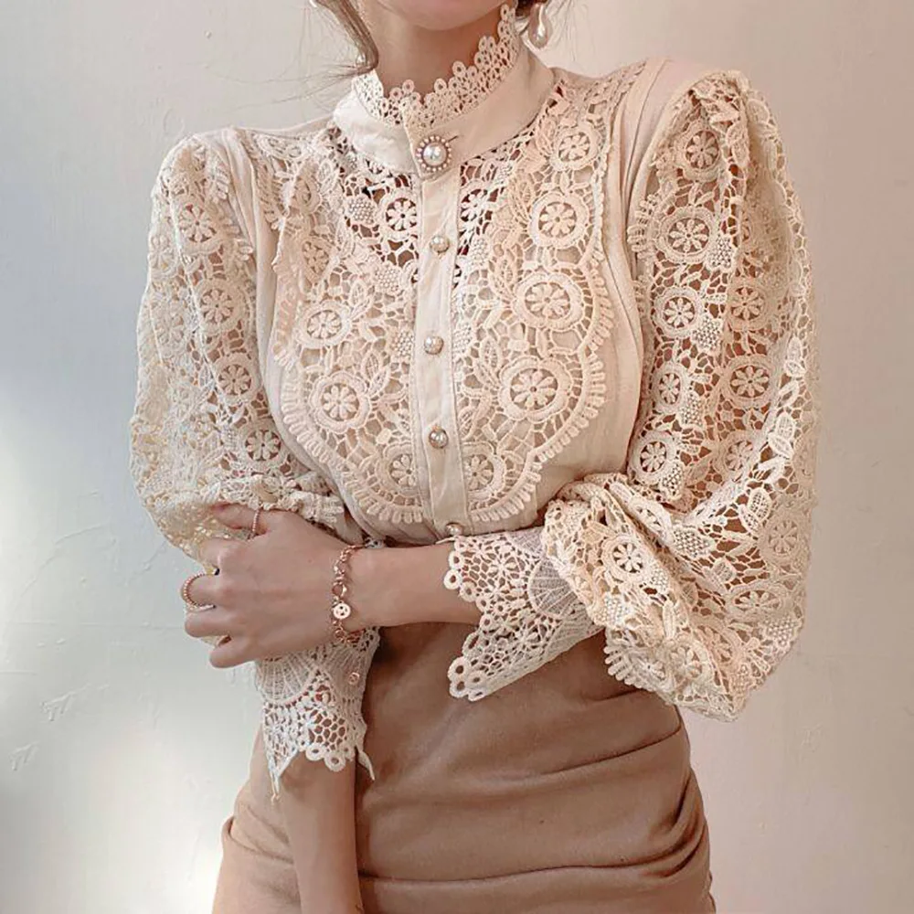 2024 Summer New Women\'s Lace Hollow Lace Long Sleeve Stand Collar Cotton Versatile Women\'s Shirt