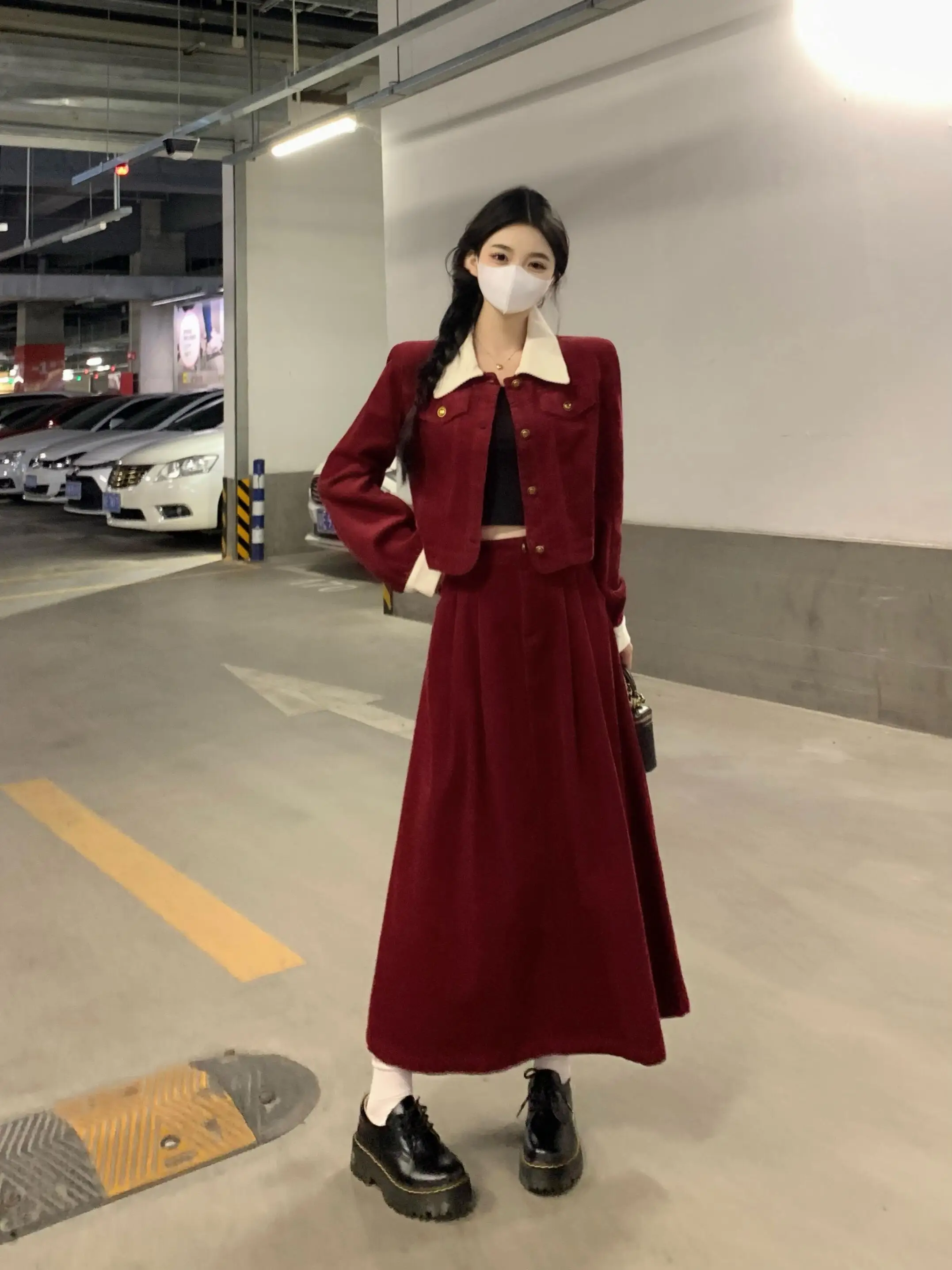 Real Shot Plus Size Contrasting Color Jacket + Skirt Two-piece Set Autumn Winter Elegant Doll Collar Classic Style Corduroy Suit