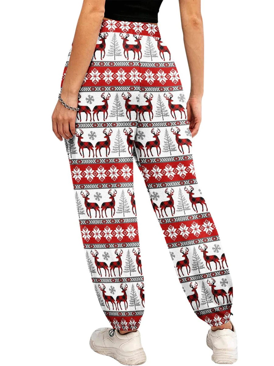 Women Christmas Pants Elk Santa Claus Print Drawstring Trousers Loose Pajamas Pants